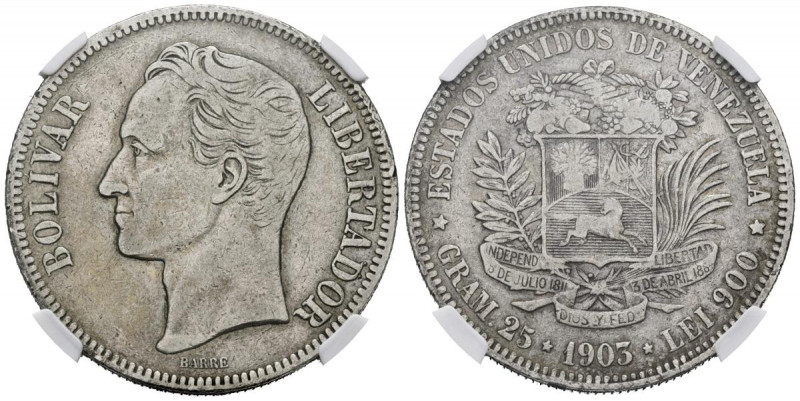 ESTADOS UNIDOS DE VENEZUELA. 5 Bolívares. (Ar. 25,00g/37mm). 1903. Philadelphia....