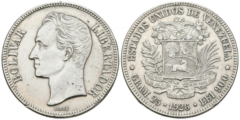 ESTADOS UNIDOS DE VENEZUELA. 5 Bolívares. (Ar. 25,00g/37mm). 1926. Philadelphia....