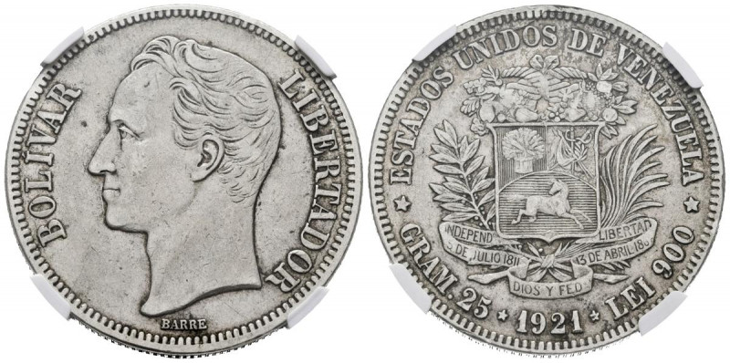 ESTADOS UNIDOS DE VENEZUELA. 5 Bolívares. (Ar. 25,00g/37mm). 1921. Philadelphia....