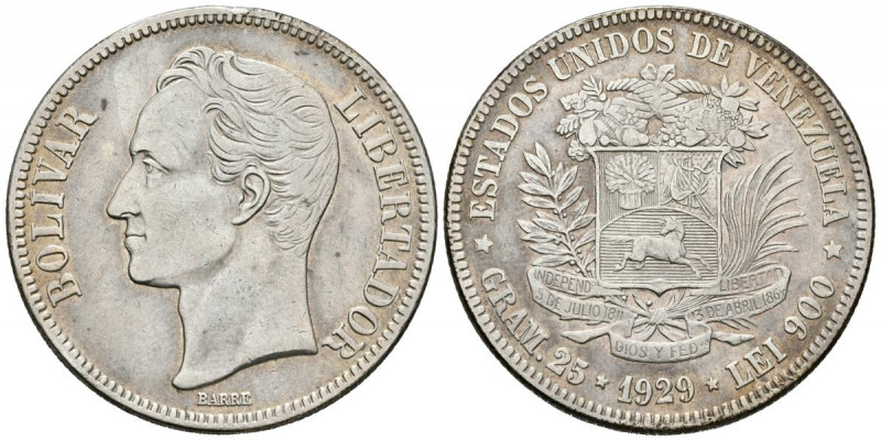 ESTADOS UNIDOS DE VENEZUELA. 5 Bolívares. (Ar 24,93/37mm). 1929. Philadelphia. (...