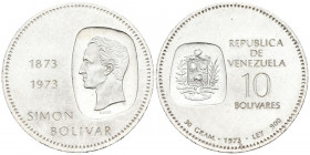 VENEZUELA. 10 Bolívares. (Ar. 30,19g/39mm). 1973. Centenario de la efigie de Simón Bolívar en la moneda. (Km # Y45). EBC+. Marquitas.