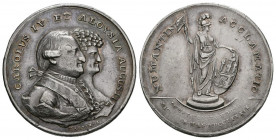 CARLOS IV (1788-1808). Proclamación en Soria. (Ar. 11,20/30mm). 1789. Grabador: A. Martínez. Módulo de 4 Reales. (Vives 105; H-101). Anv: Bustos de Ca...