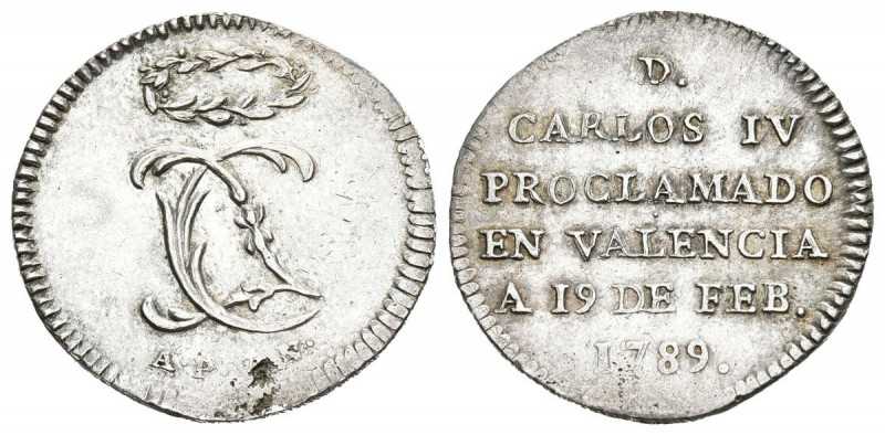 CARLOS IV (1788-1808). Proclamación en Valencia (Ar. 1,88g/18mm). 1789. A.P. y V...