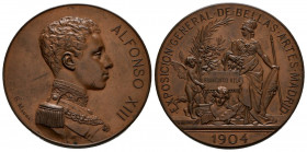 ALFONSO XIII (1885-1931). Exposición General de Bellas artes. (Ae. 55,92g/44mm). 1904. Madrid. Grabador: Bartolomé Maura. (Vives 612). EBC-.