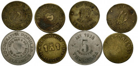 ESPAÑA. Conjunto de 4 tokens o fichas de cooperativas catalanas de diferentes valores y materiales acuñadas en 1935 en Tarrasa y Palafrugellense Difer...