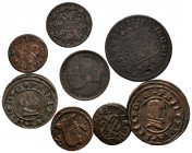 MONARQUIA ESPAÑOLA Y CENTENARIO DE LA PESETA. Lote compuesto por 8 monedas de cobre de los reyes: Felipe IV, Felipe V, Fernando VI, Fernando VII y Alf...