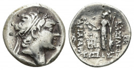 Cappadocia, Ariarathes V. Drachm. Circa 163-130 BC. 3.88gr. 17.8mm.
Diademed head right / Athena Nikephoros standing left.