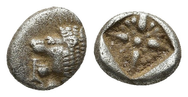 Ionia. Miletos circa 500 BC. Diobol AR 1.1gr. 9.4mm.
Forepart of a lion right, ...