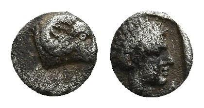 Caria, Kasolaba, c. 420-400 BC, Hemiobol, . Ram’s head right / Youthful male hea...