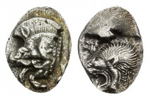 MYSIA, Kyzikos. Circa 450-400 BC 0.43g 9.8mm
AR Obol.
Forepart of boar left; to right, tunny upward. / Head of lion left within incuse square.