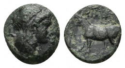 Ionia Uncertain (?) 1.24gr. 11.4mm.
Laureate head of Apollo to right. bull walking to left.