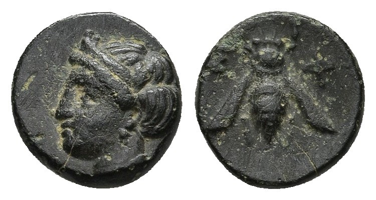 IONIA, Ephesos . Circa 305-288 BC. Æ 1.40gr. 10.9mm.
Draped and turreted bust o...