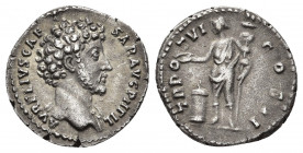 Marcus Aurelius as Caesar. (139-161 AD). Silver denarius Rome, 152 AD. 3.17gr. 18.6mm.
AVRELIVS CAESAR AVG PII FIL, bare-headed bust right, folds of ...