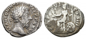 Marcus Aurelius AR Denarius. Rome, AD 172. 2.86gr. 17.3mm.
M ANTONINVS AVG TRP XXVI, laureate head right / IMP VI COS III, Roma seated left, holding ...