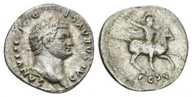 Domitian. A.D. 81-96. AR denarius 79 A.D. 3.0gr. 18.4mm.
laureate head of Domitian right / COS V, Domitian, in military attire, right on horseback, r...
