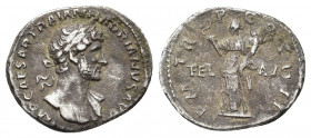 Hadrian, 117-138. Denarius Rome, 118. 3.1gr. 19.7mm.
IMP CAESAR TRAIAN HADRIANVS AVG Laureate bust of Hadrian to left, with slight drapery on his lef...