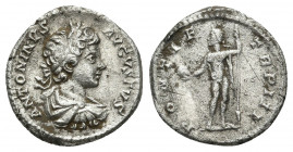 Caracalla (196-217) - AR Denarius Rome 200, 2.77gr. 17.9mm.
Draped bust right / PONTIF TRP III Sol standing facing, head left, holding globe and spea...