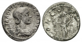 Julia Aquilia Severa (AD 220-222). AR denarius Rome. 3.77gr. 17.4.
IVLIA AQVILIA SEVERA AVG, draped bust of Julia Aquilia right, seen from front, hai...