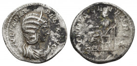 Julia Domna. Augusta AD 193-217. Rome Denarius AR 4.32gr. 21.5mm.
IVLIA PIA FELIX AVG, draped bust of Julia Domna to right / VENVS GENETRIX, Venus se...