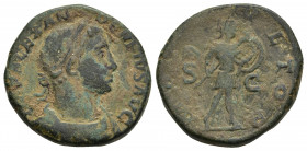 Severus Alexander, 222-235. Sestertius, Rome, 232. 19.34gr. 28.1mm.
IMP ALEXANDER PIVS AVG Laureate, draped and cuirassed bust of Severus Alexander t...