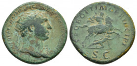 Trajan (98-117), Sestertius, Rome, AD 103-111, AE, 12.5gr. 28.3mm.
laureate bust right, with drapery on far shoulder, Trajan on horse prancing right,...