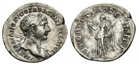 Trajan AR Denarius. Rome, AD 103-111. 2.83gr. 20.3mm.
IMP TRAIANO AVG GER DAC P M TR P, laureate head right, slight drapery on far shoulder / COS V P...