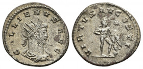 Gallienus Æ Antoninianus. Antioch, AD 263-264. 3.22gr. 21.1mm.
GALLIENVS AVG, radiate and cuirassed bust right / VIRTVS AVGVSTI, Hercules standing ri...