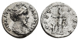 FAUSTINA SENIOR, wife of Pius, d. 141 AD. AR Denarius posthumous commemorative. 2.77gr. 16.9mm.
Draped bust / Pietas standing sacrificing at altar.
