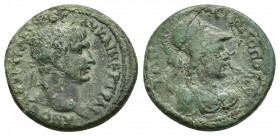 pamphylia.Trajan Ӕ of Attalea, AD 116-117. Α Κ ΤΡΑΙΑΝΟС ΠΑΡΘΙΚΟС, laureate and draped bust right / ΑΤΤΑΛΕωΝ, helmeted bust of Athena right, wearing ae...
