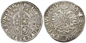 Braunschweig-Calenberg, Erich the Younger 1545-1584: Taler 1573 with the title Maximilian. 29.1GR. 41.3mm.
Wild man holds coat of arms, inscription E...