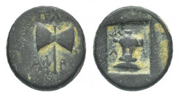 Greek 
CARIA, Aphrodesias. 1st century BC. Æ Unit. Mal–, magistrate. Labrys / Cuirass on stand; M/A-Λ around; all within shallow incuse square 2.3g 10...