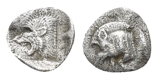 Greek 
Mysia, Obol, Kyzikos, c. 450-400 BC; AR Forepart of boar l., Rv. Forepart...