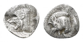 Greek 
Mysia, Obol, Kyzikos, c. 450-400 BC; AR Forepart of boar l., Rv. Forepart of lion l 0.4g 8.1mm