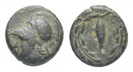 Greek 
AEOLIS, Elaia. Circa 340-300 BC. Æ 10mm. Helmeted head of Athena left / EΛA within wreath. 1.4g 9.2mm