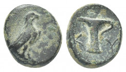 Greek 
AEOLIS, Kyme. Be15.320-250 BC Magistrate of Dionysos. Anv: Front of the horse to the right and monogram behind. Rev: Jug with a single handle a...