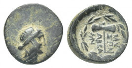 Greek 
Phrygia, Abbaitis Æ14.
Phrygia, Abbaitis Æ14. 2nd-1st C. BC. Laureate head of Apollo r. / Labrys; monogram to l.; all within wreath. 3.5g 15.4m...