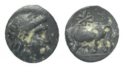 Greek 
Lydia, Tralleis. 2nd-1st century B.C. AE 16. Laureate head of Zeus right / TPAΛΛI-ANΩN, Humped bull standing left, monogram before. 0.7g 9.9mm...