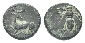 Greek 
IONIA, Ephesos. Circa late 4th-early 3rd Century BC. Æ Bee with straight wings / Stag kneeling left, head reverted; astragalos above; 2.2g 12.4...