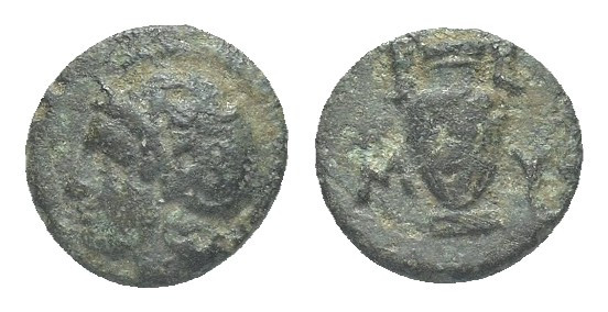 Greek
AEOLIS. Myrina. Ae (Circa 5th-3rd centuries BC).
Obv: Helmeted head of A...