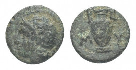 Greek
AEOLIS. Myrina. Ae (Circa 5th-3rd centuries BC).
Obv: Helmeted head of Athena left.
Rev: MY . Amphora.fine. 1g 9.3mm