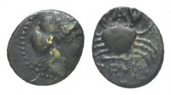 Greek 
Mysia, Priapos Æ11. Circa 300-200 BC. Laureate head of Apollo right / Crab, strung harpa below, A above. 1.1g 10.3mm