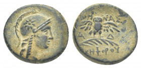 Greek
PHRYGIA. Apameia. Ae (Circa 88-40 BC)
Helmeted bust of Athena right, wearing aegis.
Rev: Eagle landing right on maeander pattern; star above, pi...
