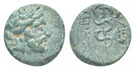 Greek 
Mysia, Pergamon, 2nd – 1st century BC. Æ . Head of Asklepios r. R/ Snake entwined around staff.3.4g 15.1mm