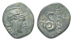 Greek 
MYSIA. Pergamon. Attalos II Philadelphos (160-139 BC). Ae .
Obv: Head of Athena in Attic helmet right.
Rev: ΦIΛETAIΡOΥ.
Serpent coiled right; m...