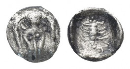 CARIA, Mylasa(?). Circa 450-400 BC. AR Obol 
Facing forepart of lion / Scorpion, tail to right. 0.3g 6.6mm