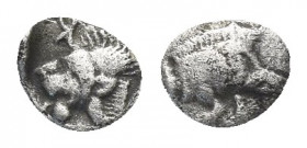 Greek 
Mysia, Kyzikos AR Obol. Circa 450-400 BC. Forepart of boar left; to right, tunny upward / Head of roaring lion left within incuse square. 0.2g ...
