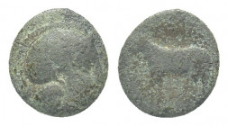 Greek Coins
helmeted head of Athena left.
Rev. Lion(?) right. 1.3g 10.9mm