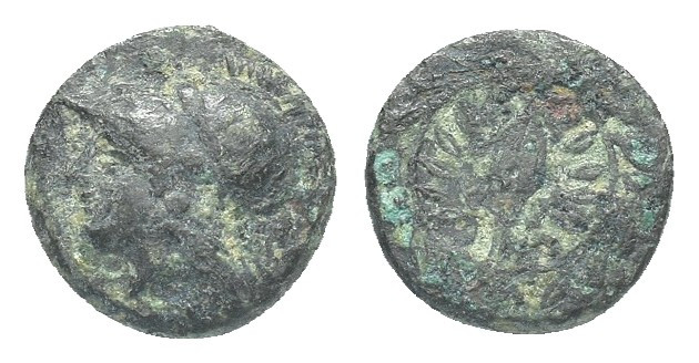 Aeolis. Elaia 400 BC. Bronze Æ Helmeted head of Athena left / Grain ear within o...