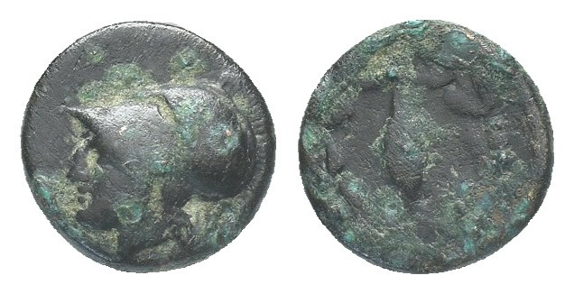 Aeolis. Elaia 400 BC. Bronze Æ Helmeted head of Athena left / Grain ear within o...