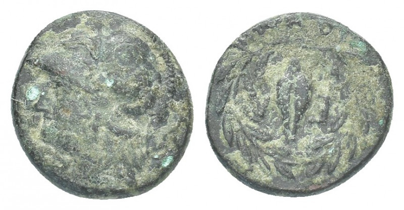 Aeolis. Elaia 400 BC. Bronze Æ Helmeted head of Athena left / Grain ear within o...